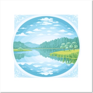 Beautiful landscape with a lake, trees and clouds. Posters and Art